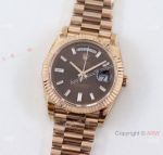 Swiss Copy Rolex Daydate 40 TWS Rose Gold watch on Brown Dial with Baguettes